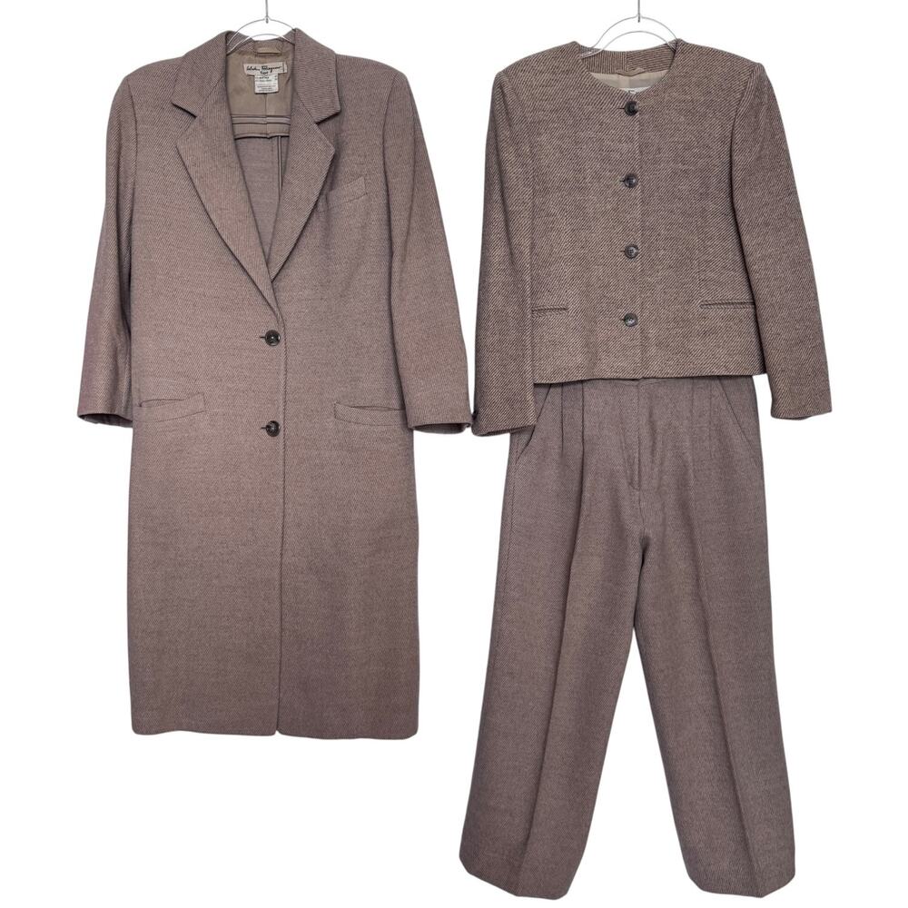 1980s Salvatore Ferragamo Wool Alpaca 3 Piece Suit Set Camel Made Italy Medium - Picture 2 of 16